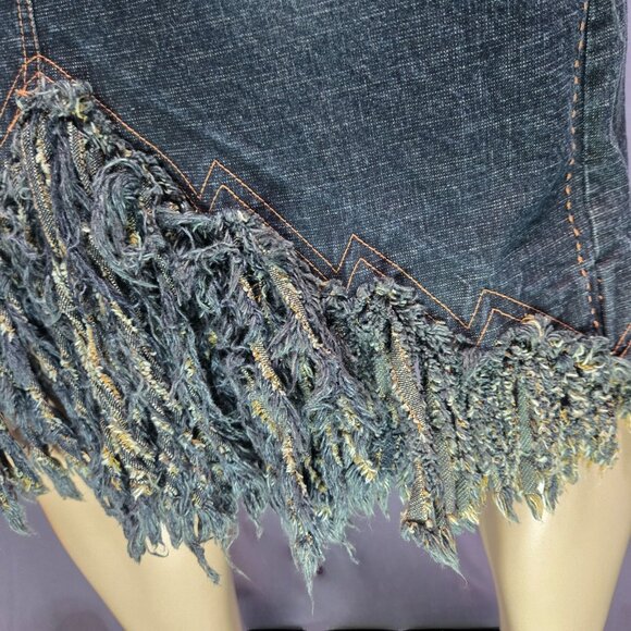 Vintage Parasuco Fringed Denim Midi Skirt Size S Dark Wash Grunge Festival - Picture 5 of 10